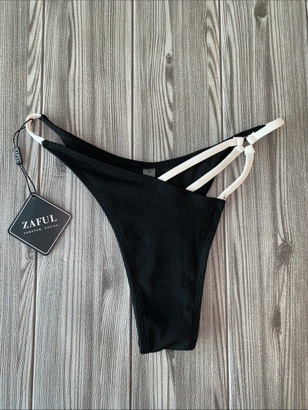 Zaful Black Thong Bikini Bottom with White Double Side Straps